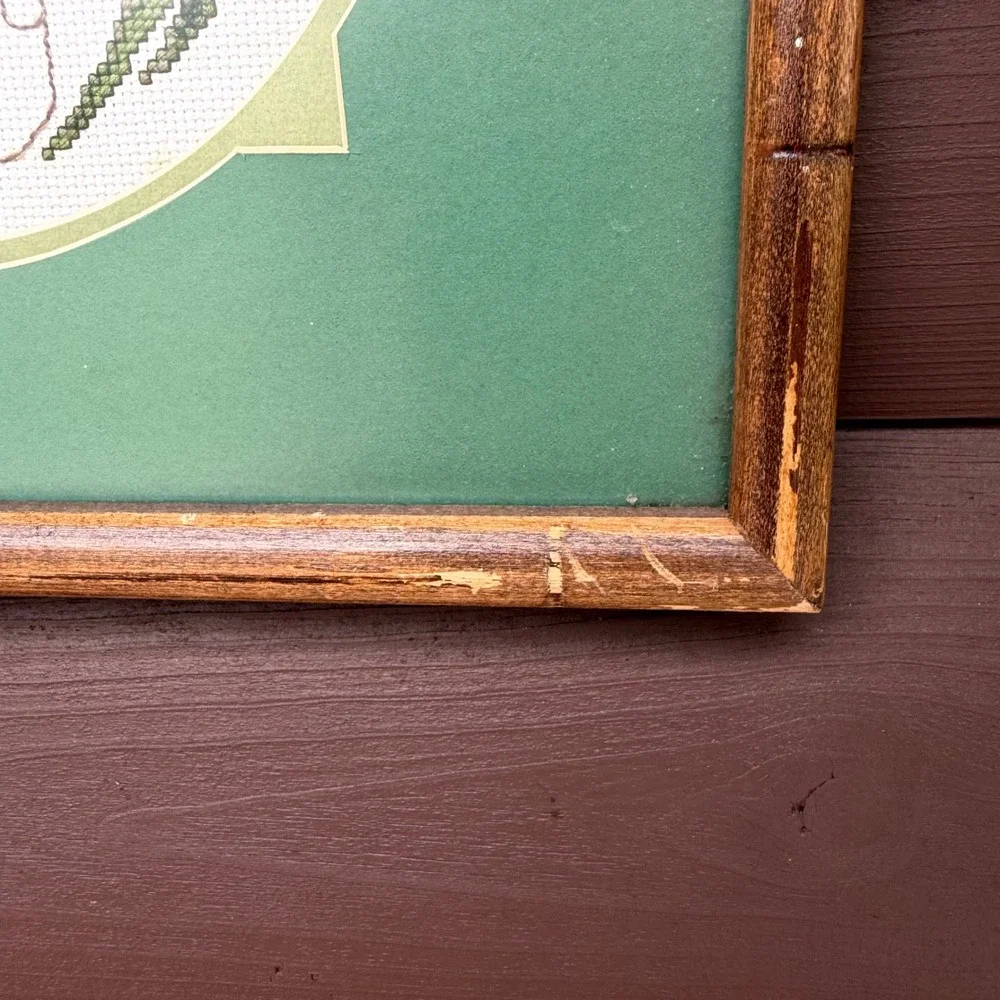 Vintage Framed Cross Stitch Bluebells Friendship Quote Green 12.5in Square Decor